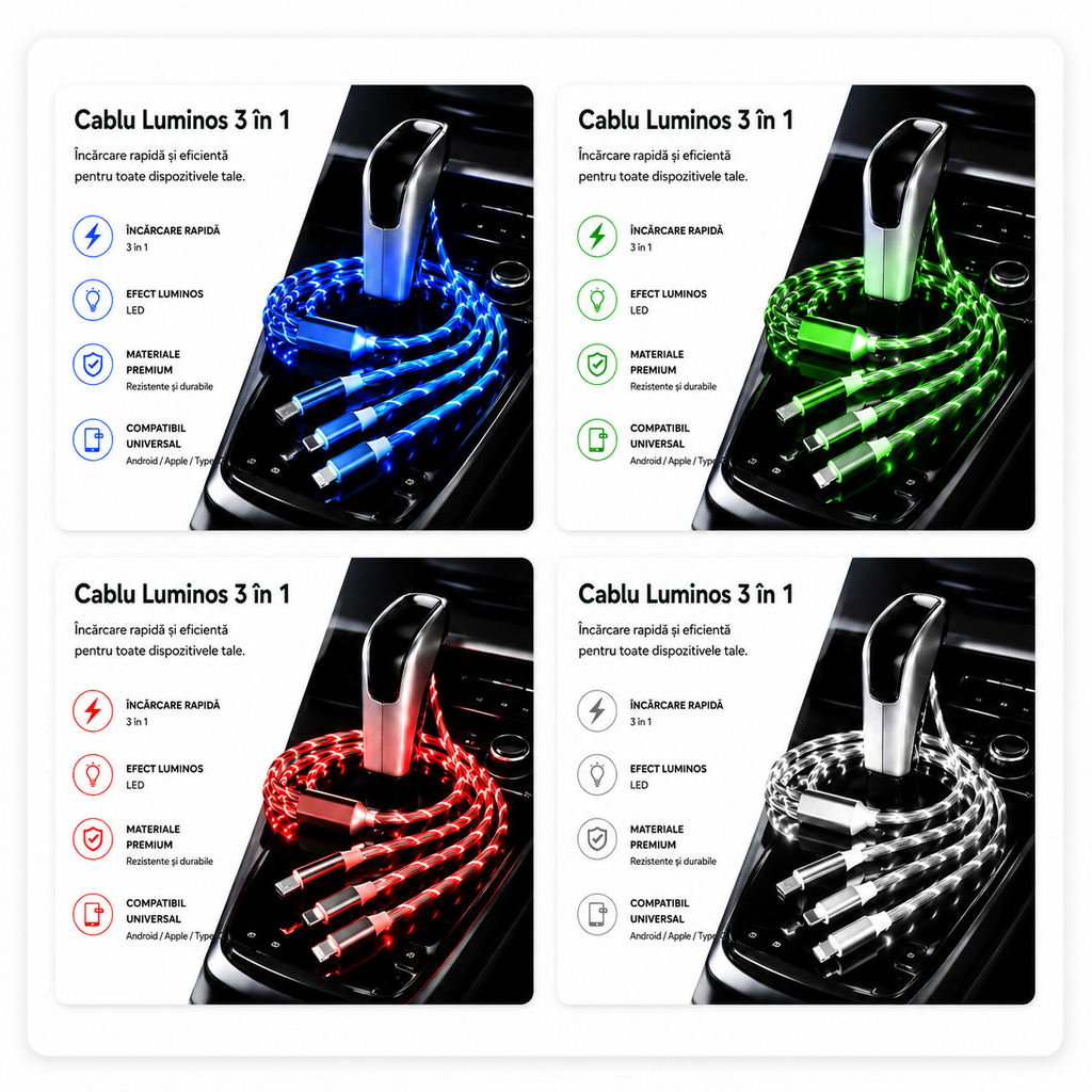 Cablu LED 3 în 1 pentru Încărcare USB – USB-C, Lightning (Apple) și Micro USB