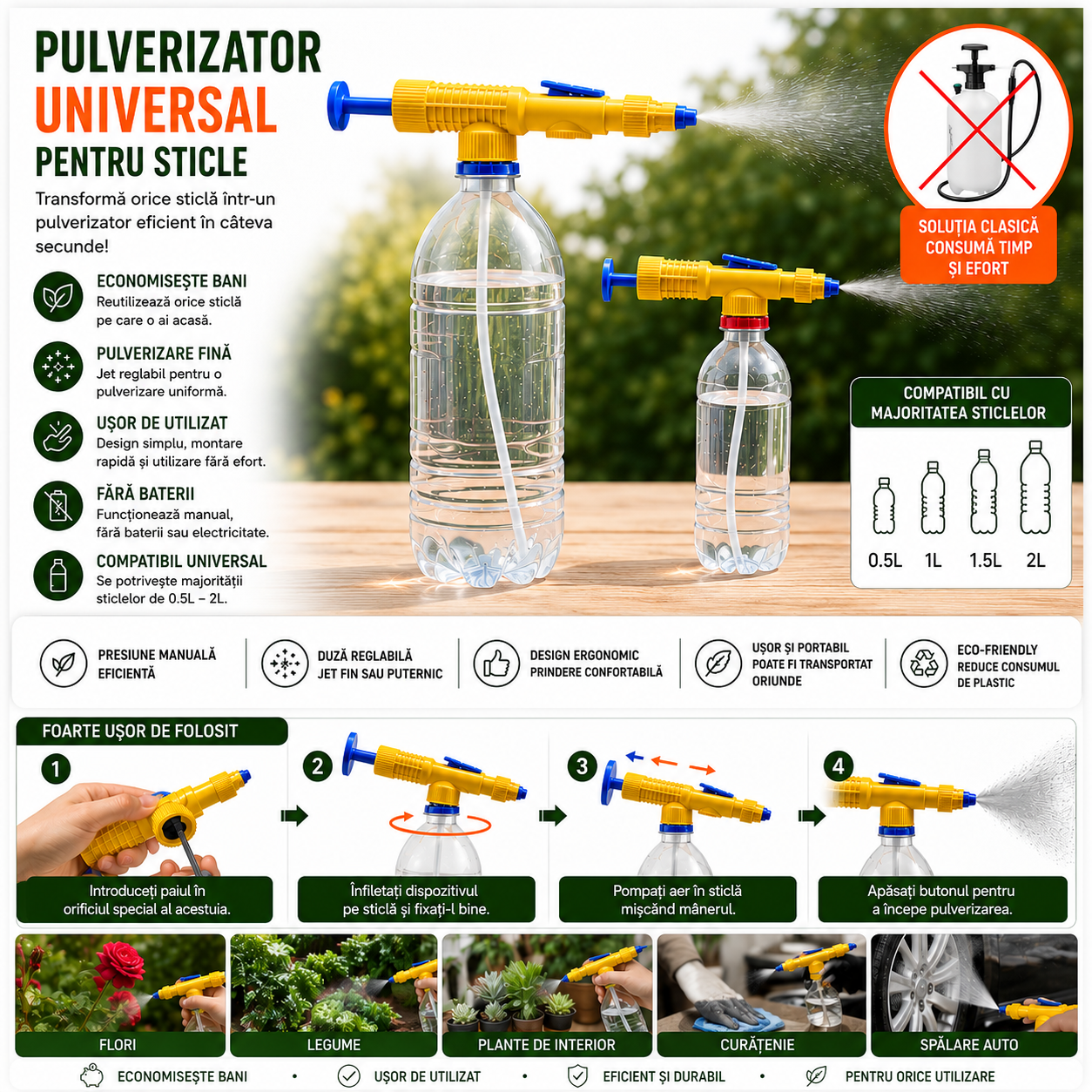 Pulverizator manual portabil sub presiune cu cap de pulverizare reglabil, pentru sticla de plastic standard