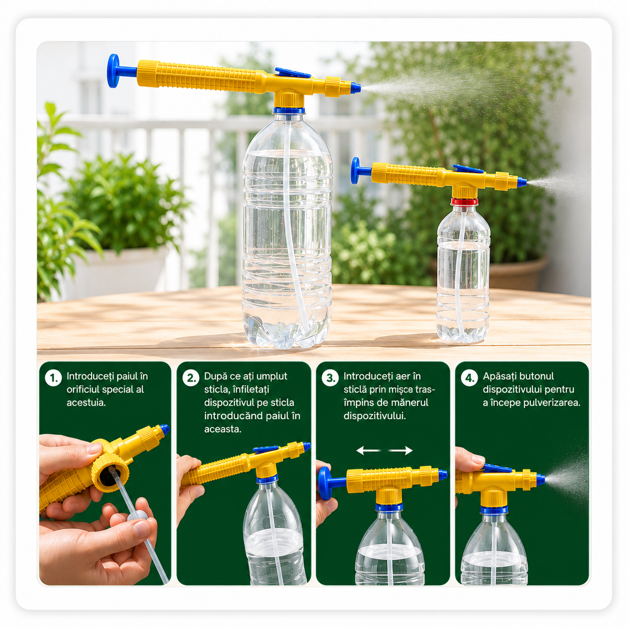 Pulverizator manual portabil sub presiune cu cap de pulverizare reglabil, pentru sticla de plastic standard