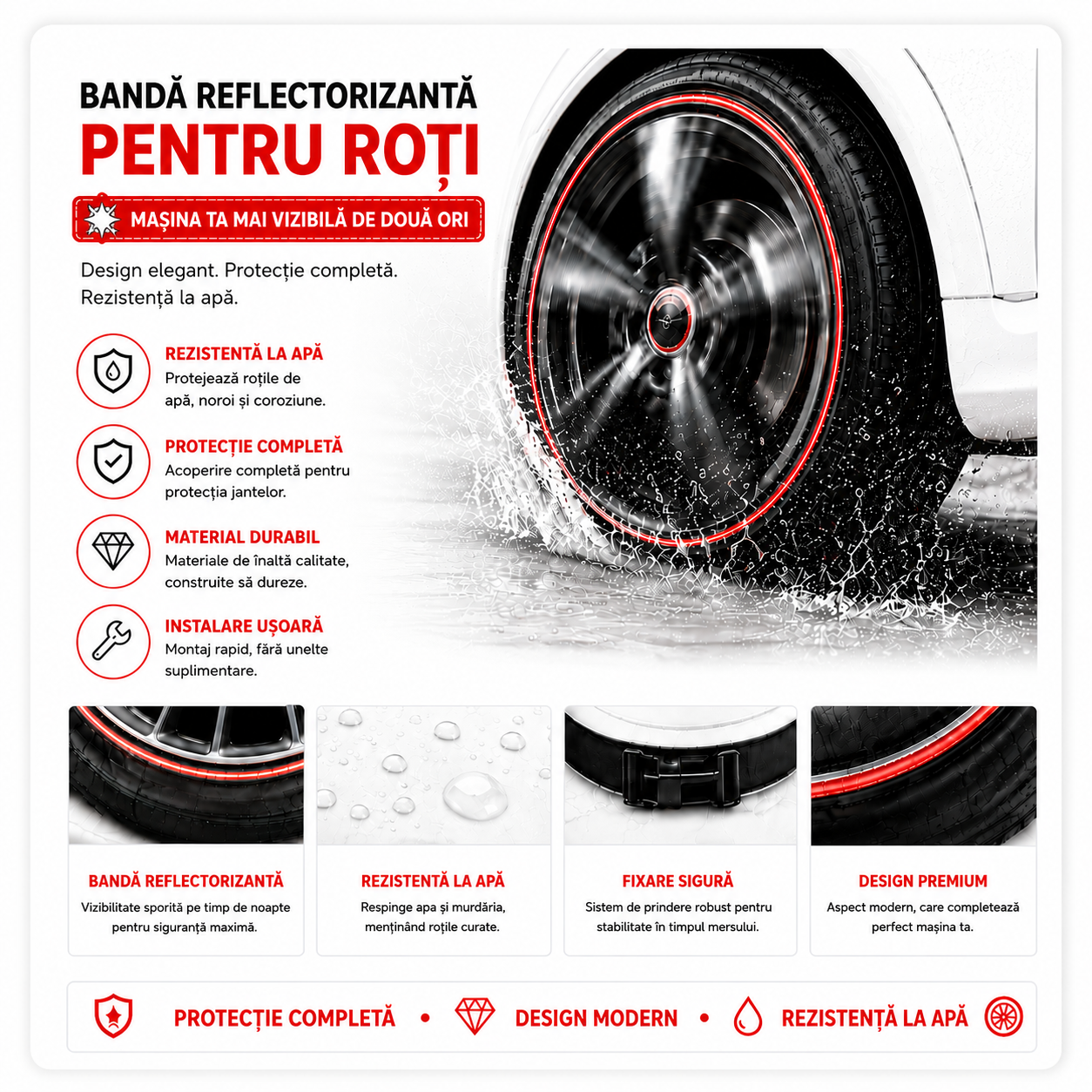 16 benzi reflectorizante pentru roti de masini/motociclete/biciclete, Maxeed®, rosii, 31x1 cm
