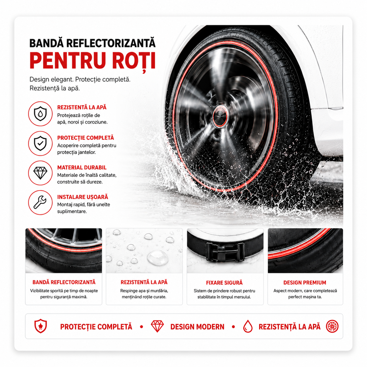 16 benzi reflectorizante pentru roti de biciclete/motociclete/masini, Maxeed®, rosii, 31x1 cm