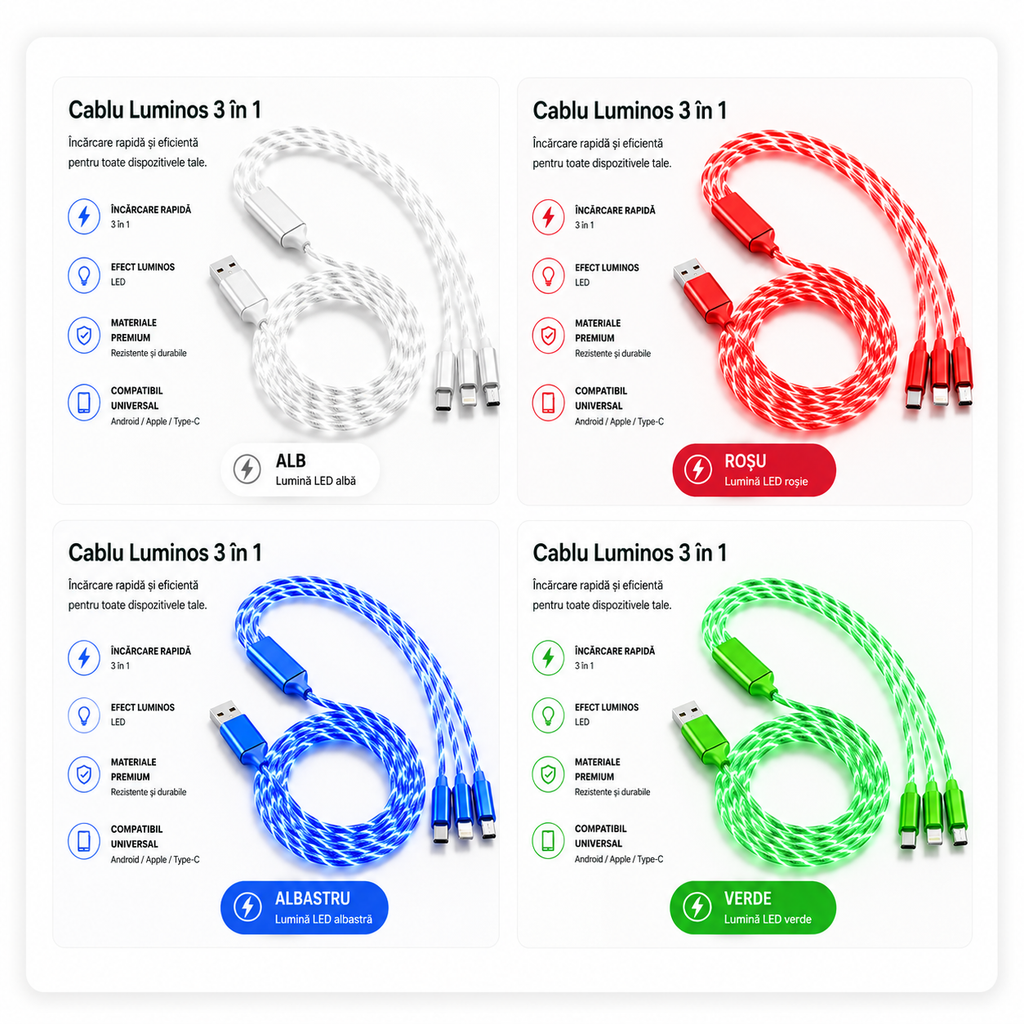 Cablu LED 3 în 1 pentru Încărcare USB – USB-C, Lightning (Apple) și Micro USB